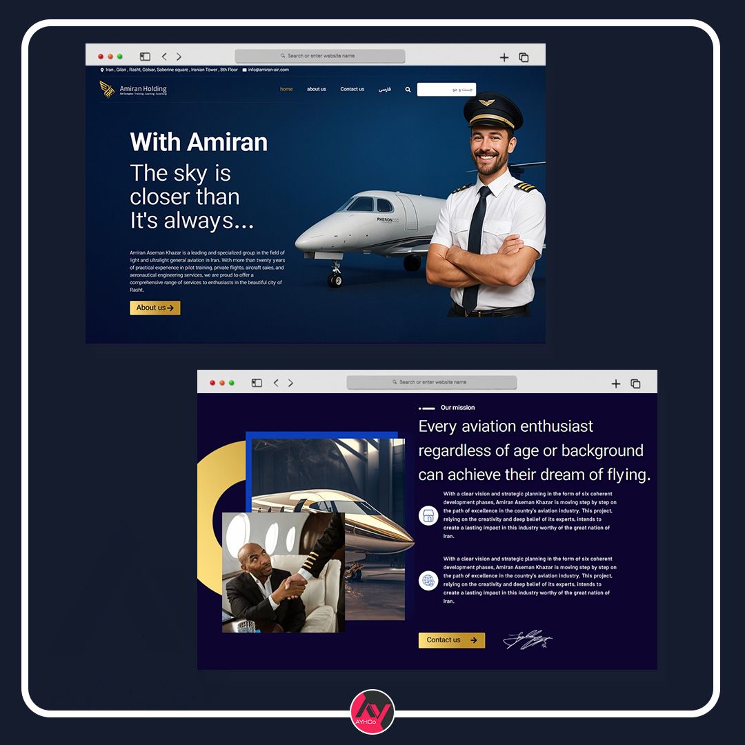نمونه‌کار طراحی وب‌سایت هوانوردی دو زبانه امیران ایر | Amiran Air | طراحی وب سایت, طراحی وب‌سایت چندزبانه, طراحی وب‌سایت شرکتی, نمونه کار